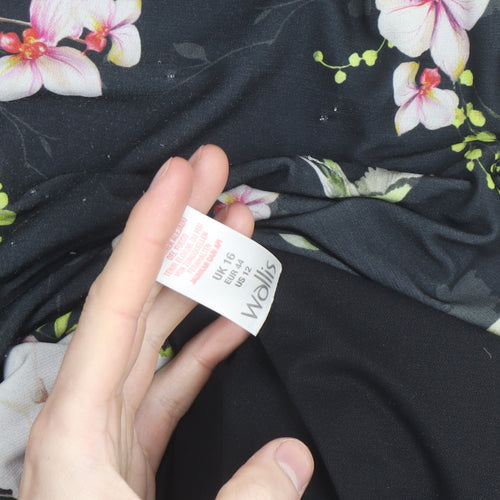 Wallis Womens Black Floral Shift Dress Size 16 Knee Length 3/4 Sleeve