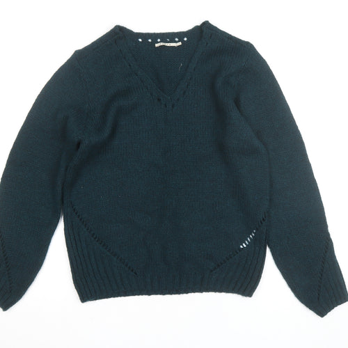 Elora Women’s Green Chunky Knit V-Neck Pullover Jumper Size L
