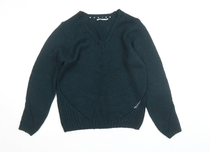 Elora Women’s Green Chunky Knit V-Neck Pullover Jumper Size L