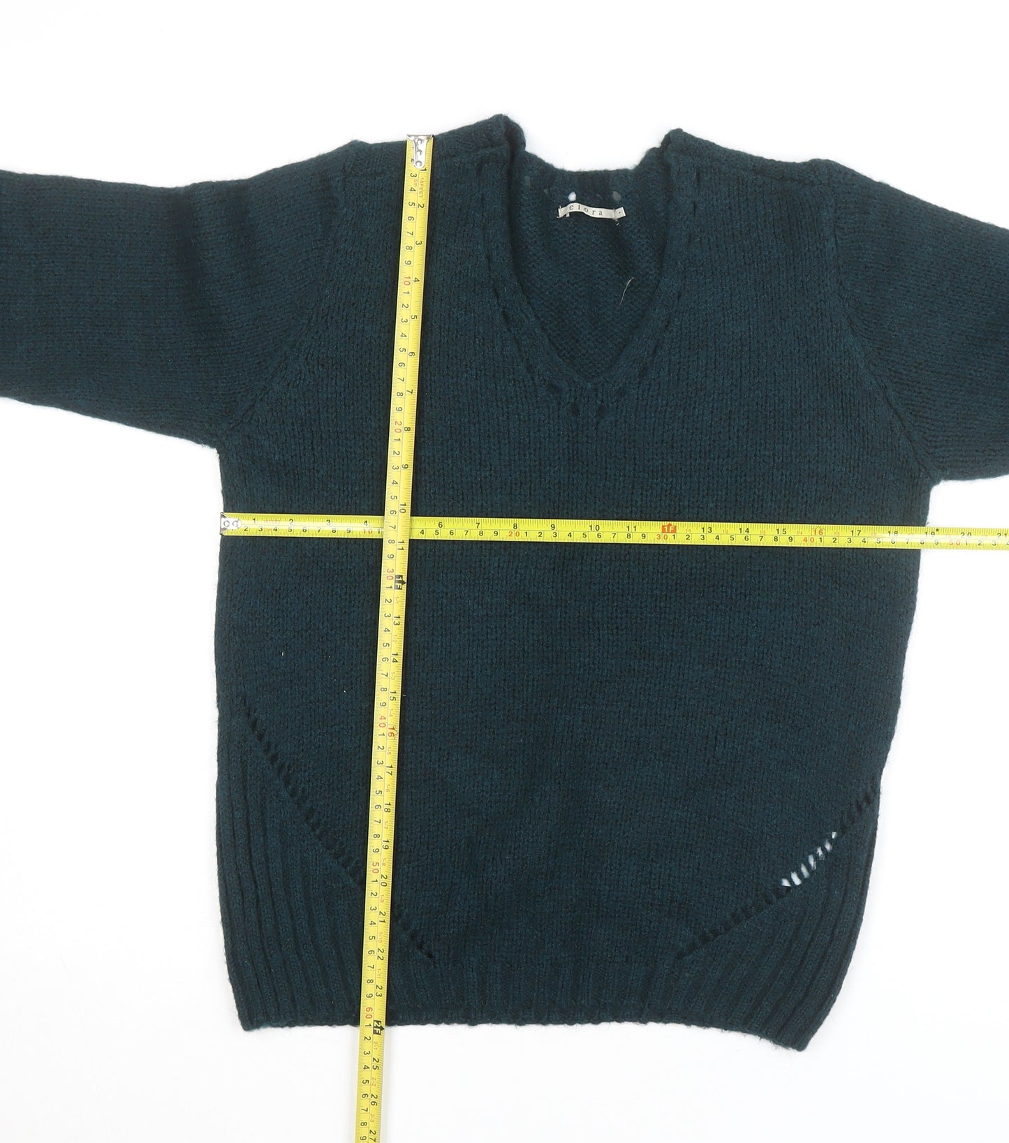 Elora Women’s Green Chunky Knit V-Neck Pullover Jumper Size L
