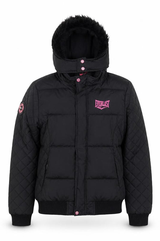 Front view of Everlast Women’s Black, size UK 8, Puffer Jacket Hooded Quilted Winter Coat