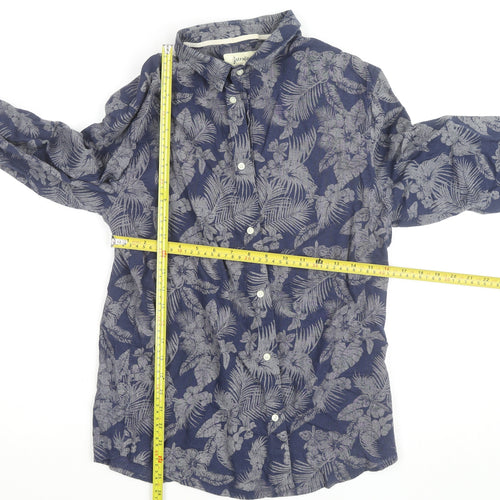 Stradivarius Men’s Blue Floral Cotton Linen Long Sleeve Button-Up Shirt Size M