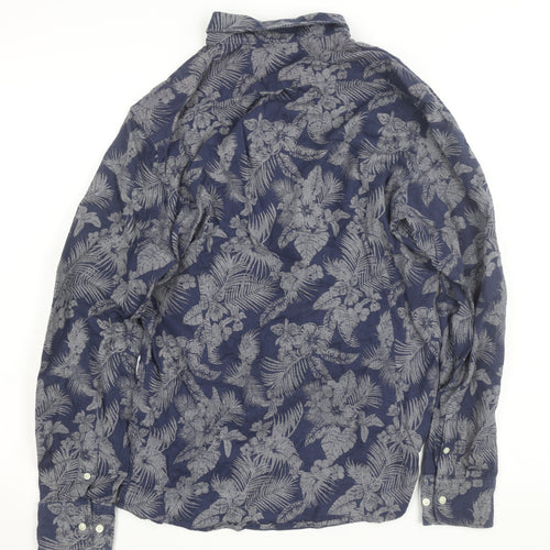 Stradivarius Men’s Blue Floral Cotton Linen Long Sleeve Button-Up Shirt Size M