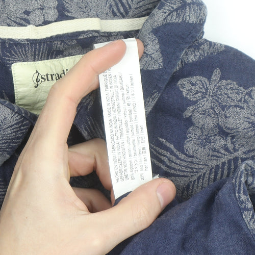 Stradivarius Men’s Blue Floral Cotton Linen Long Sleeve Button-Up Shirt Size M