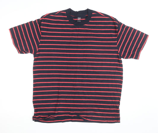 GAP Men's Navy and Red Striped Crew Neck Cotton T-Shirt Size L