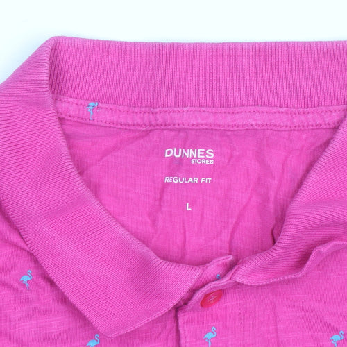 Dunnes Stores Men's Pink Flamingo Print Polo Shirt Size L Regular Fit