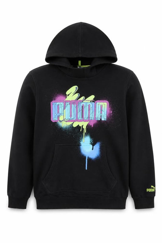 Front view of Puma boys’ black pullover hoodie graphic print, size 14, years