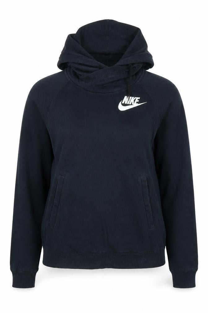 Front view of Nike Women’s Black Pullover Hoodie, size M, Cotton Blend Logo Sweatshirt