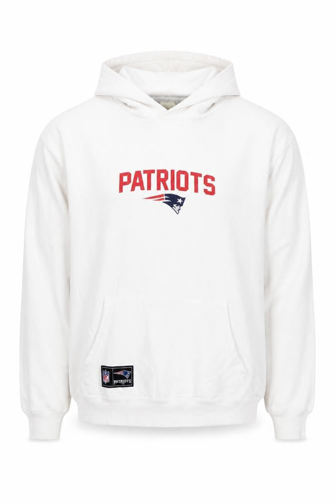 Front view of Primark NFL Patriots Men's White Pullover Hoodie, size S, Regular Fit