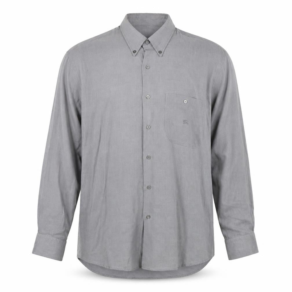 Front view of Burberry London Men's Grey Long Sleeve Button-Up Shirt, size M