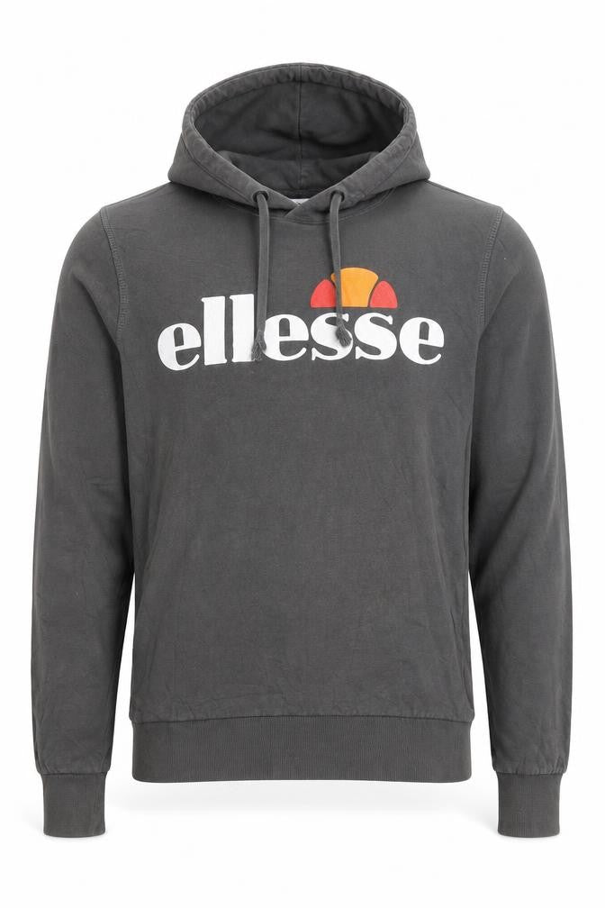 Front view of Ellesse men’s grey small pullover hoodie 100% cotton casual logo style