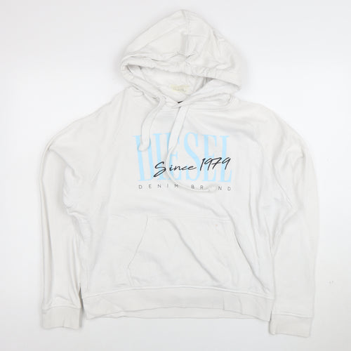 Diesel Men's White Hoodie Medium Pullover Graphic Logo Cotton