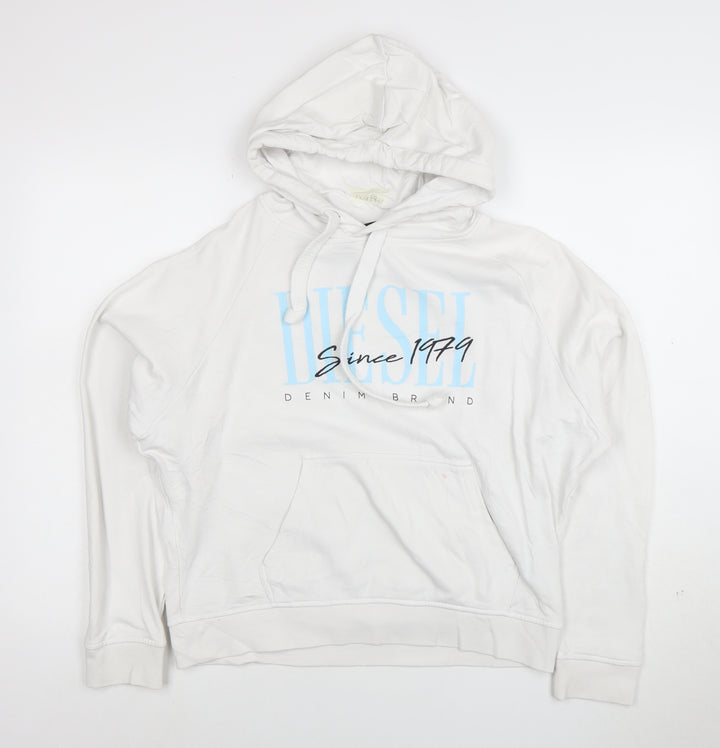 Diesel Men's White Hoodie Medium Pullover Graphic Logo Cotton