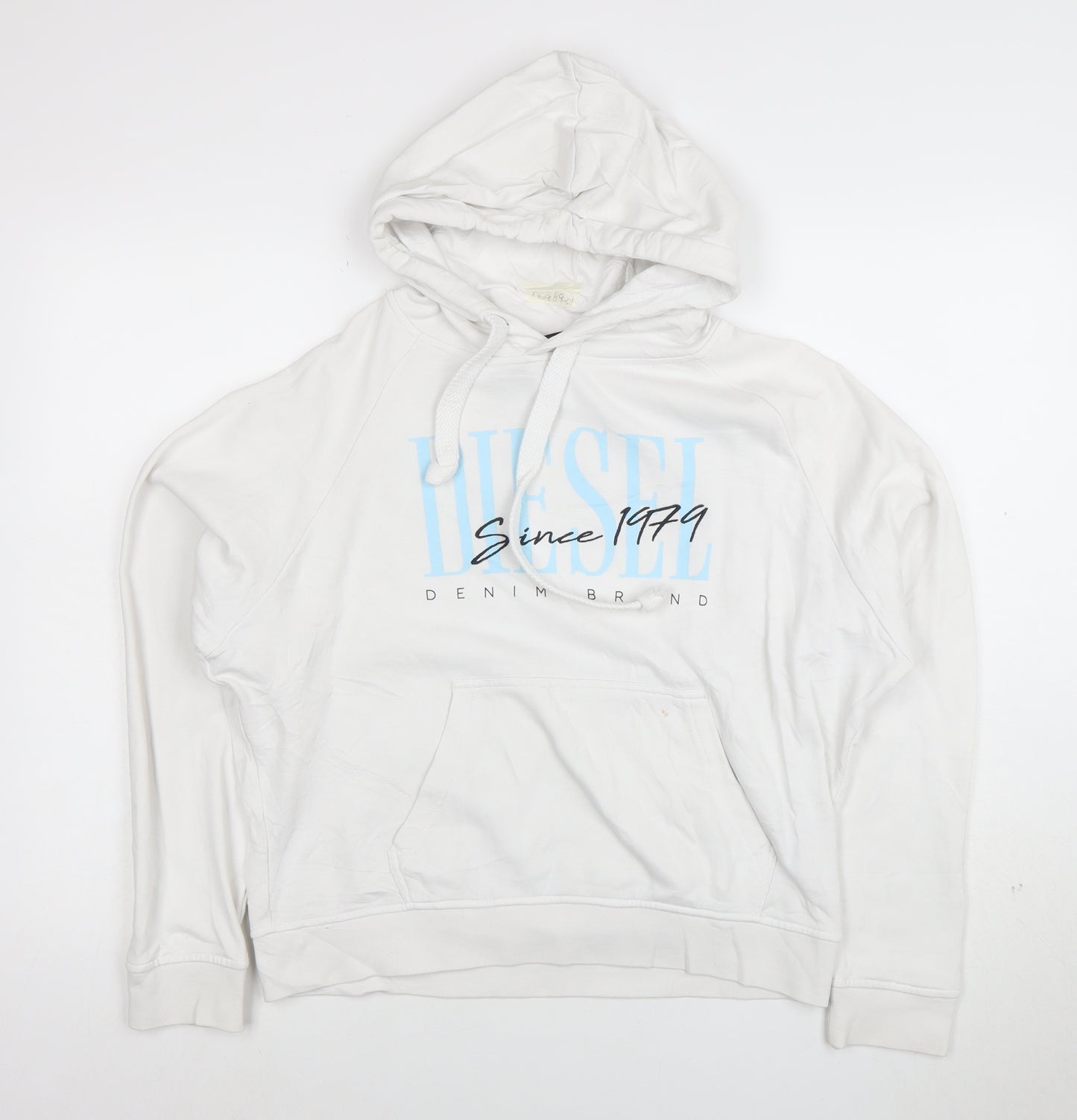 Diesel Men's White Hoodie Medium Pullover Graphic Logo Cotton