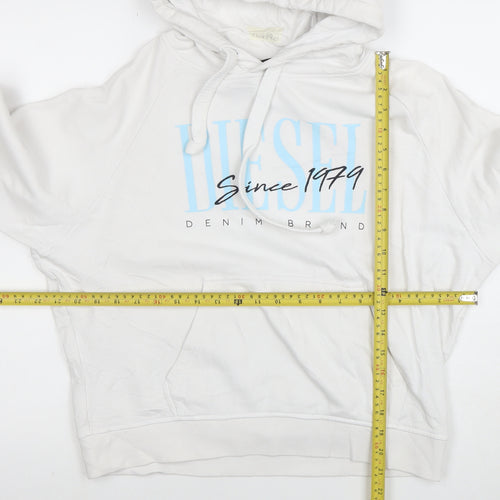 Diesel Men's White Hoodie Medium Pullover Graphic Logo Cotton