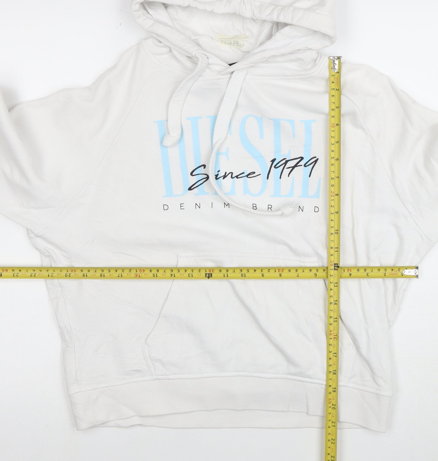 Diesel Men's White Hoodie Medium Pullover Graphic Logo Cotton