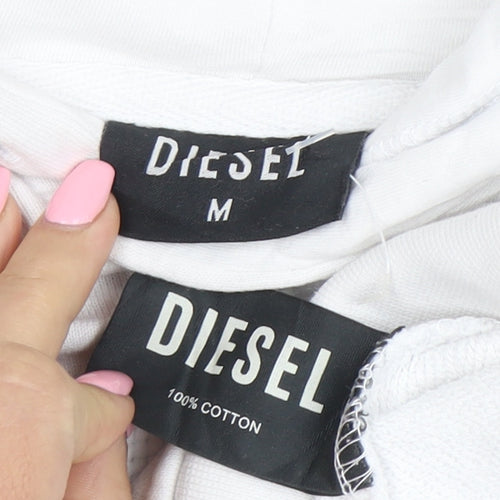 Diesel Men's White Hoodie Medium Pullover Graphic Logo Cotton