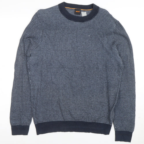 BOSS Men's Blue Cotton Knit Crew Neck Jumper Size M