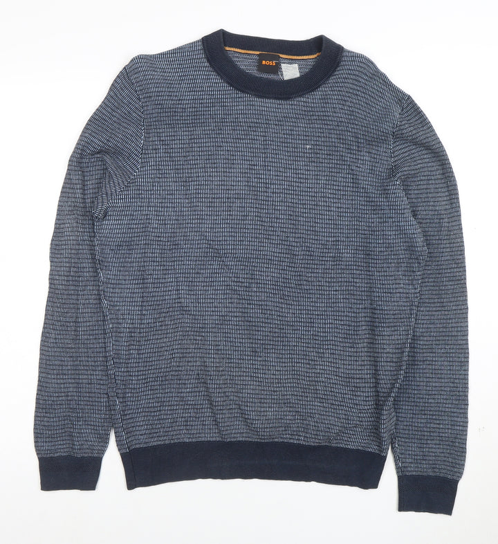 BOSS Men's Blue Cotton Knit Crew Neck Jumper Size M