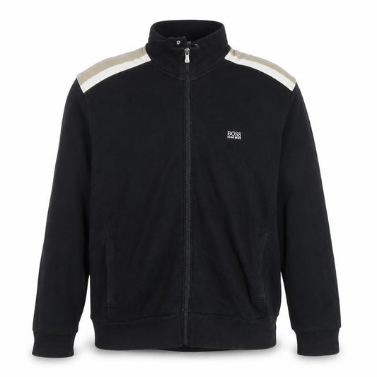Front view of BOSS men’s 7xl black full zip sweatshirt high neck cotton blend