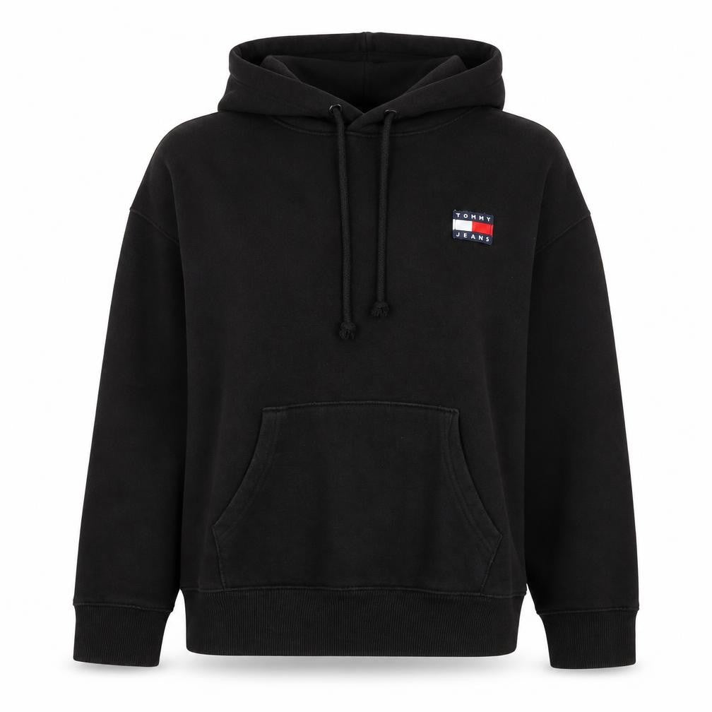 Front view of Tommy Jeans women’s black cotton pullover hoodie l relaxed fit