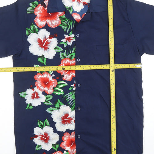 V.H.O Men's Blue Hawaiian Floral Short Sleeve Button-Up Shirt S