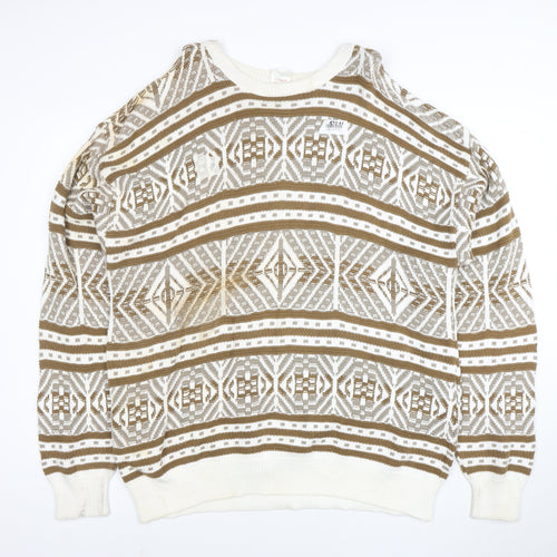 Revere Men’s Beige Geometric Cotton Knit Jumper XL Vintage Pullover