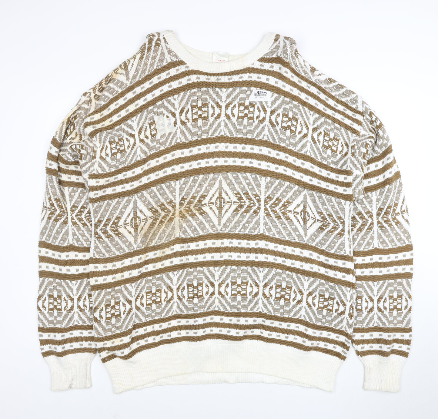 Revere Men’s Beige Geometric Cotton Knit Jumper XL Vintage Pullover