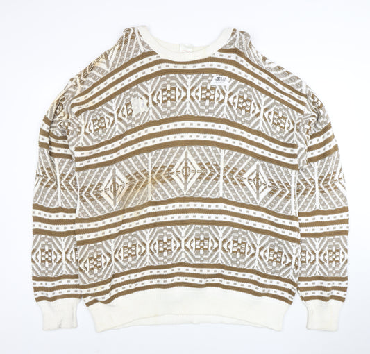 Revere Men’s Beige Geometric Cotton Knit Jumper XL Vintage Pullover
