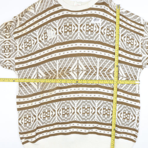 Revere Men’s Beige Geometric Cotton Knit Jumper XL Vintage Pullover
