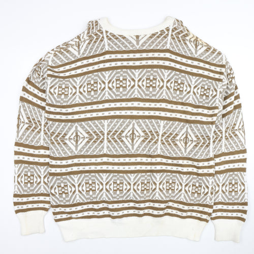 Revere Men’s Beige Geometric Cotton Knit Jumper XL Vintage Pullover