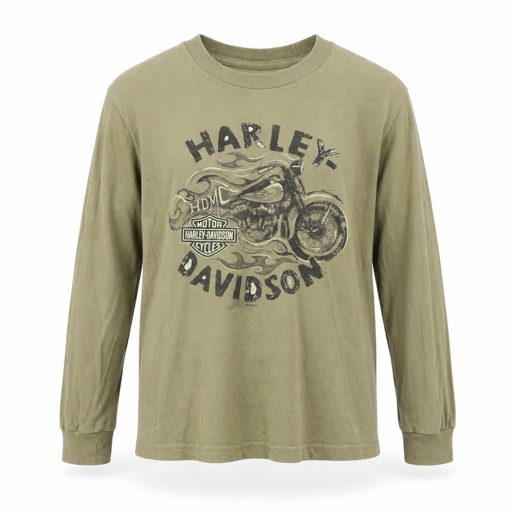 Front view of Harley-Davidson boys’ green long sleeve pullover hoodie, size S, 100% cotton