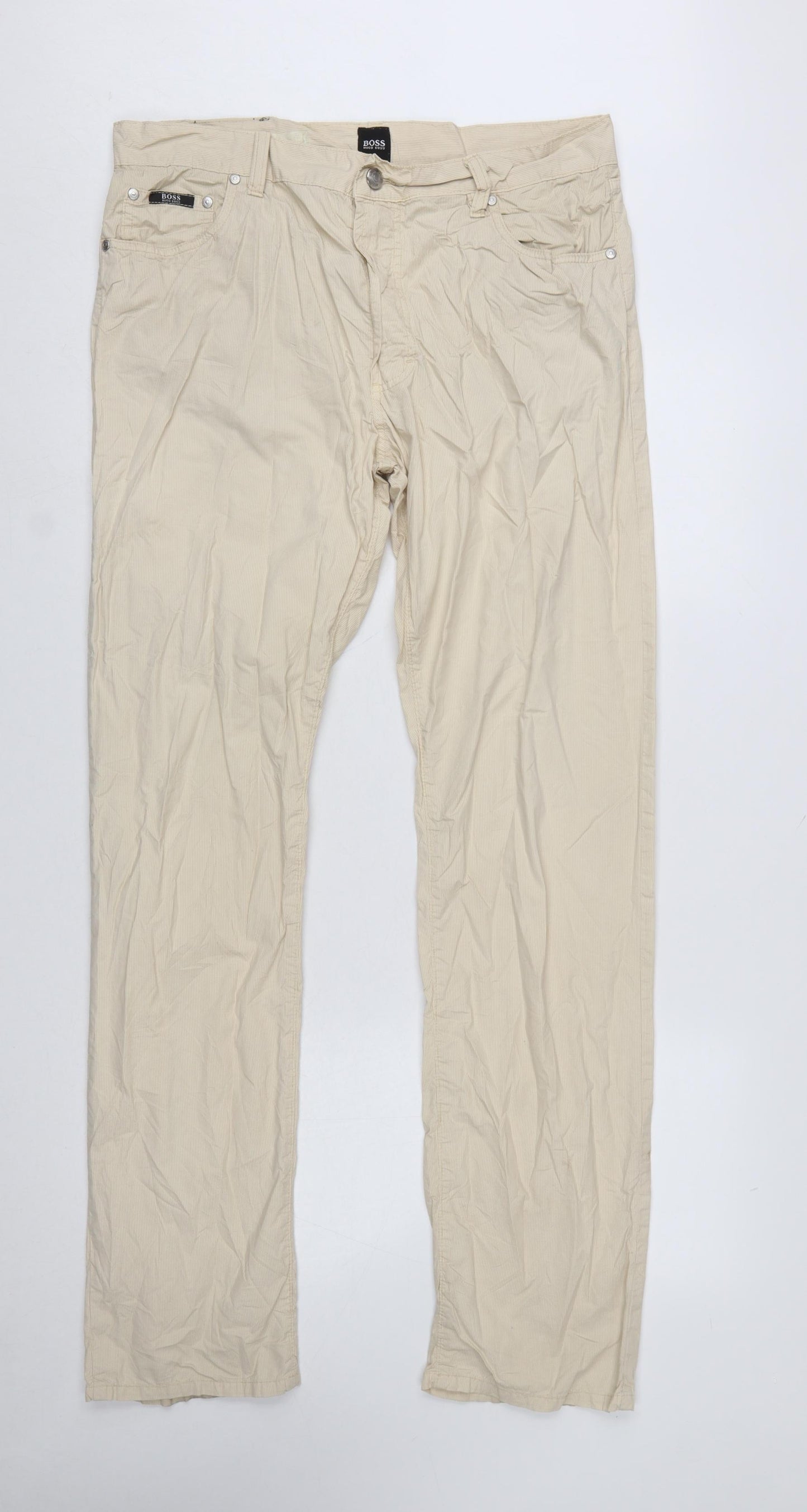 Hugo Boss Men's Beige Striped Poplin Chino Trousers W36 L34