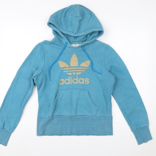 Adidas Women Blue Hoodie Size 10 Cotton Blend Pullover Sweatshirt