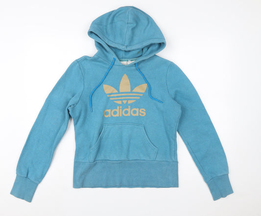 Adidas Women Blue Hoodie Size 10 Cotton Blend Pullover Sweatshirt