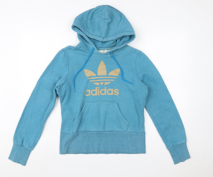 Adidas Women Blue Hoodie Size 10 Cotton Blend Pullover Sweatshirt