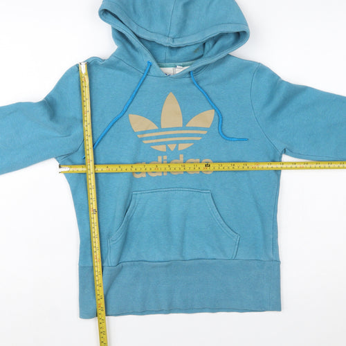 Adidas Women Blue Hoodie Size 10 Cotton Blend Pullover Sweatshirt