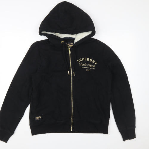 Superdry Women's Black Full Zip Hoodie UK 12 Lined Logo Casual
