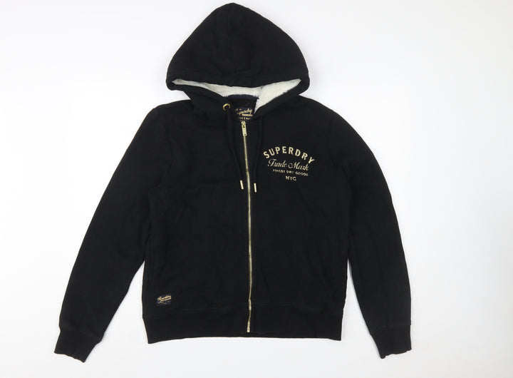 Superdry Women's Black Full Zip Hoodie UK 12 Lined Logo Casual