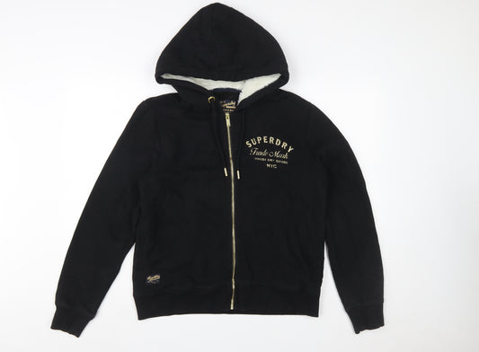 Superdry Women's Black Full Zip Hoodie UK 12 Lined Logo Casual