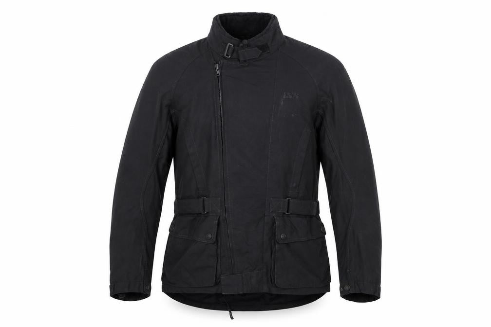 Front view of iXS Men's Black M Motorcycle Jacket Waterproof Belted Biker Style