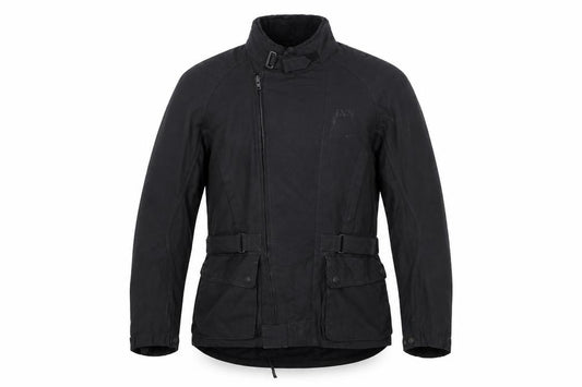 Front view of iXS Men's Black M Motorcycle Jacket Waterproof Belted Biker Style