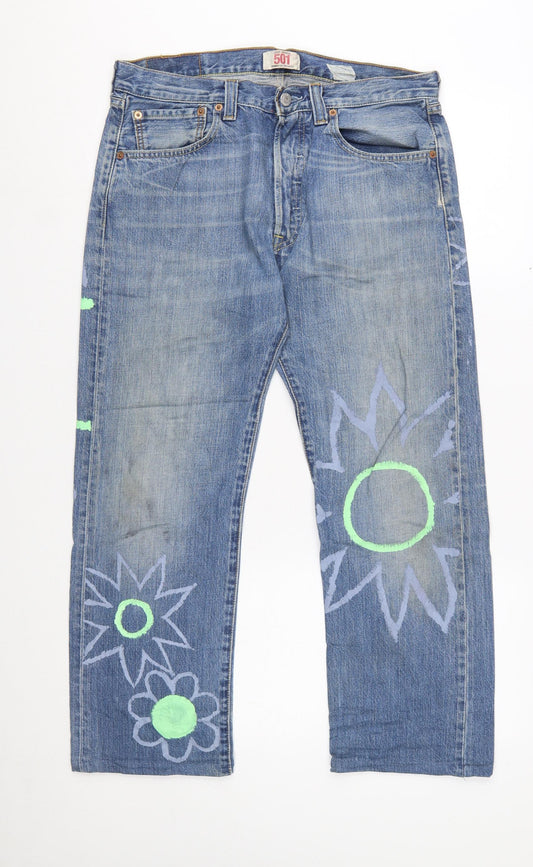 Levi's 501 Women's Blue Floral Painted Straight Denim Jeans W32 L30
