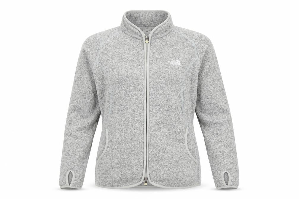 Front view of The North Face women’s grey fleece full zip jacket, size M