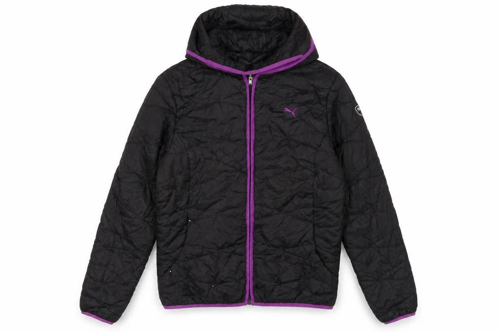 Front view of Puma women’s black, size UK 12, hooded puffer jacket