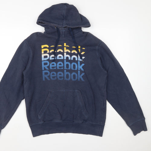 Reebok Men Blue Pullover Hoodie S Regular Fit Fleece Logo Sportswear