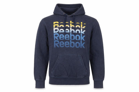 Front view of Reebok Men Blue Pullover Hoodie S Regular Fit Fleece Logo Sportswear