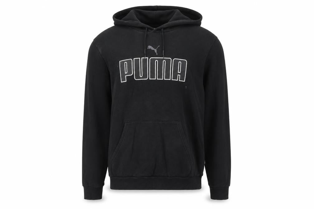 Front view of Puma Men's Black Pullover Hoodie, size M, Logo Fleece Sweatshirt