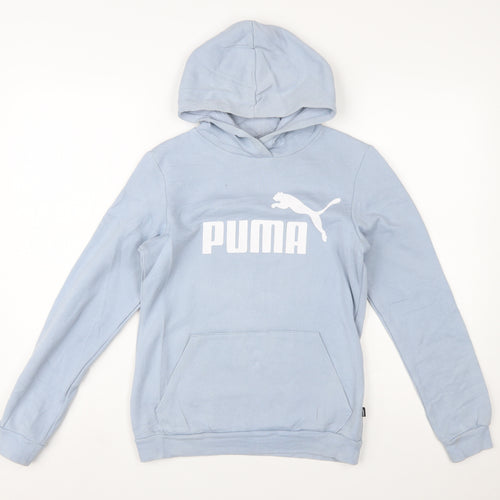 Puma Girls Blue Pullover Hoodie 13-14 Years Logo Print Cotton Blend