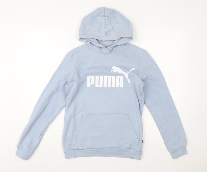 Puma Girls Blue Pullover Hoodie 13-14 Years Logo Print Cotton Blend